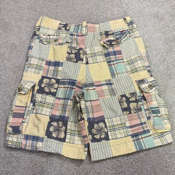 Y2K Hollister Cargo Shorts Mens 36 Patchwork Plaid Cotton Preppy Baggy Summer - Picture 1 of 9